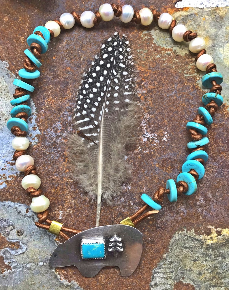 Native art inspired USA cowgirl chic button closure,artisan made pearls Zuni bear turquoise wrap bracelet or choker necklace,leather