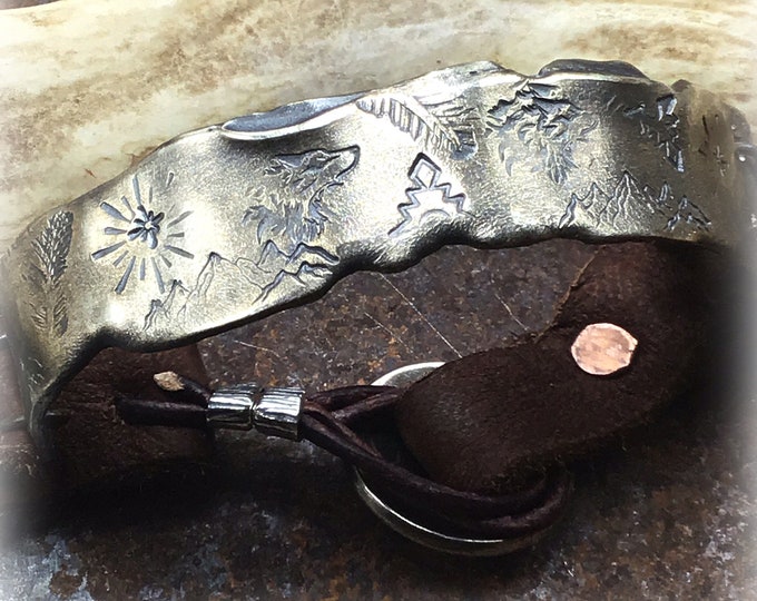 OOAK silence of the wolf cuff bracelet by Weathered Soul jewelry, leather and argentium silver rusticly formed to imperfect perfection