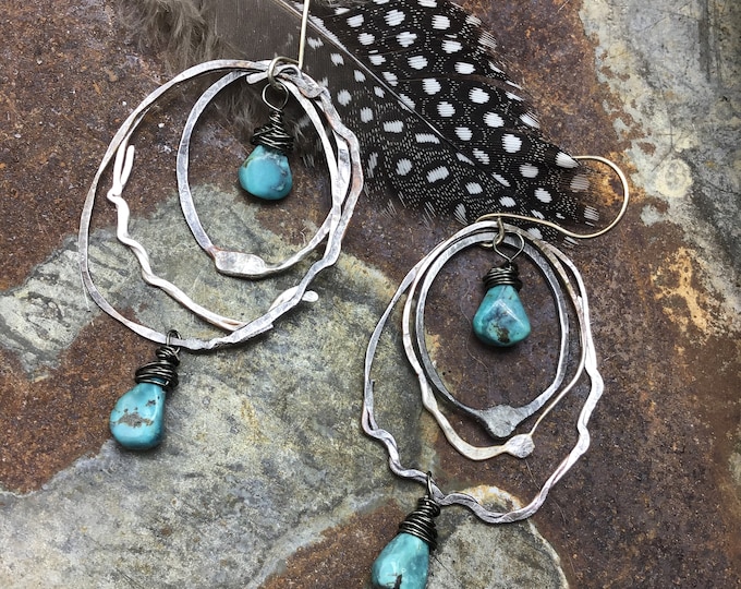 Crazy fun nest hoops with turquoise by Weathered Soul jewelry, artisan hoops, rustic hoops,rustic Cowgirl, cowgirl fashion, unique design