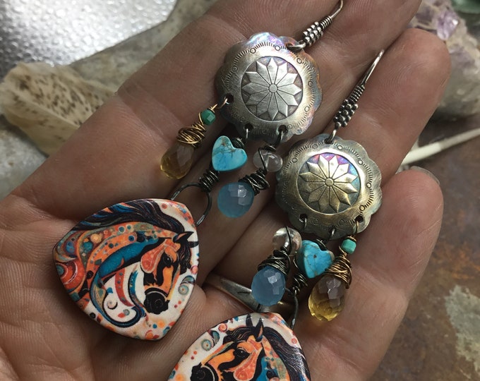 The wild one earrings by Weathered Soul jewelry, artisan ceramic horses with topaz turquoise and chalcedony with sterling conchos, western