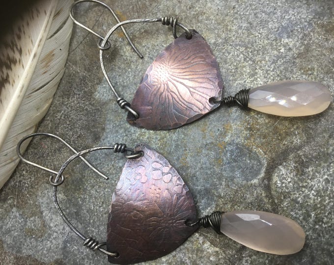 Spring is in the air sweet flowers on embossed copper with chalcedony teardrops in pink sterling ear wires by Weath Soul jewelry