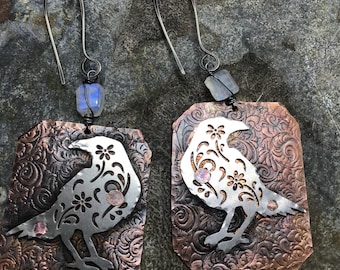 Filigree large raven and moonstone earrings by Weathered Soul jewelry
