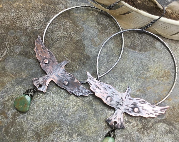 Riveting Raven very large hoop earrings by Weathered Soul, you choose drop or no drop,wildlife lover,bird lover,outdoor life