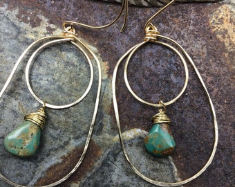 Double trouble large hoops with turquoise, rustic cowgirl, urban chic, western style,weathered Soul ,artisan hoops,sterling hoops