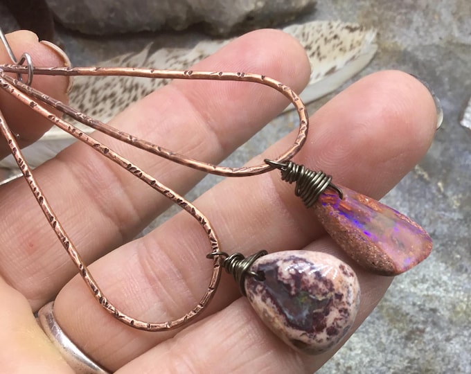 Fun mixed matched stunning opal configuration earrings by Weathered Soul artisan,edgy,fun,whimsical feel on stamped copper with sterling