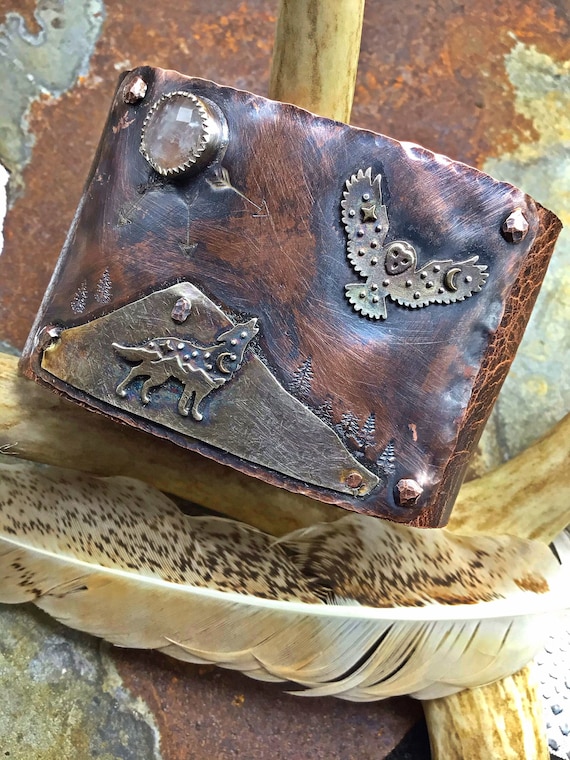 Wolf and the owl cuff by Weathered Soul, artisan leather wide statement cuff, outdoor enthusiast, unique OOAK