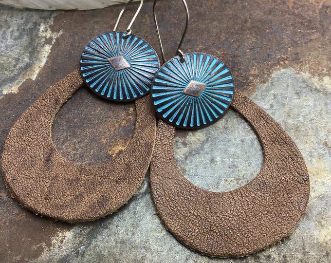 Light as a feather gorgeous Italian leather earrings with copper patina conchae and sterling ear wires by Weathered soul,western life
