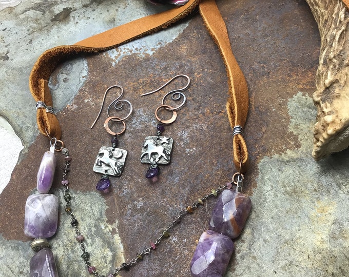 Beautiful amethyst agate and leather necklace by Weathered Soul earrings sold separately, rosary chain with amethyst also