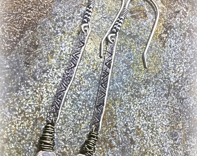 Long sterling bars patterned with wire wrapped moonstone dangles, western ball ear wires stunning flas and style with such simplicity!