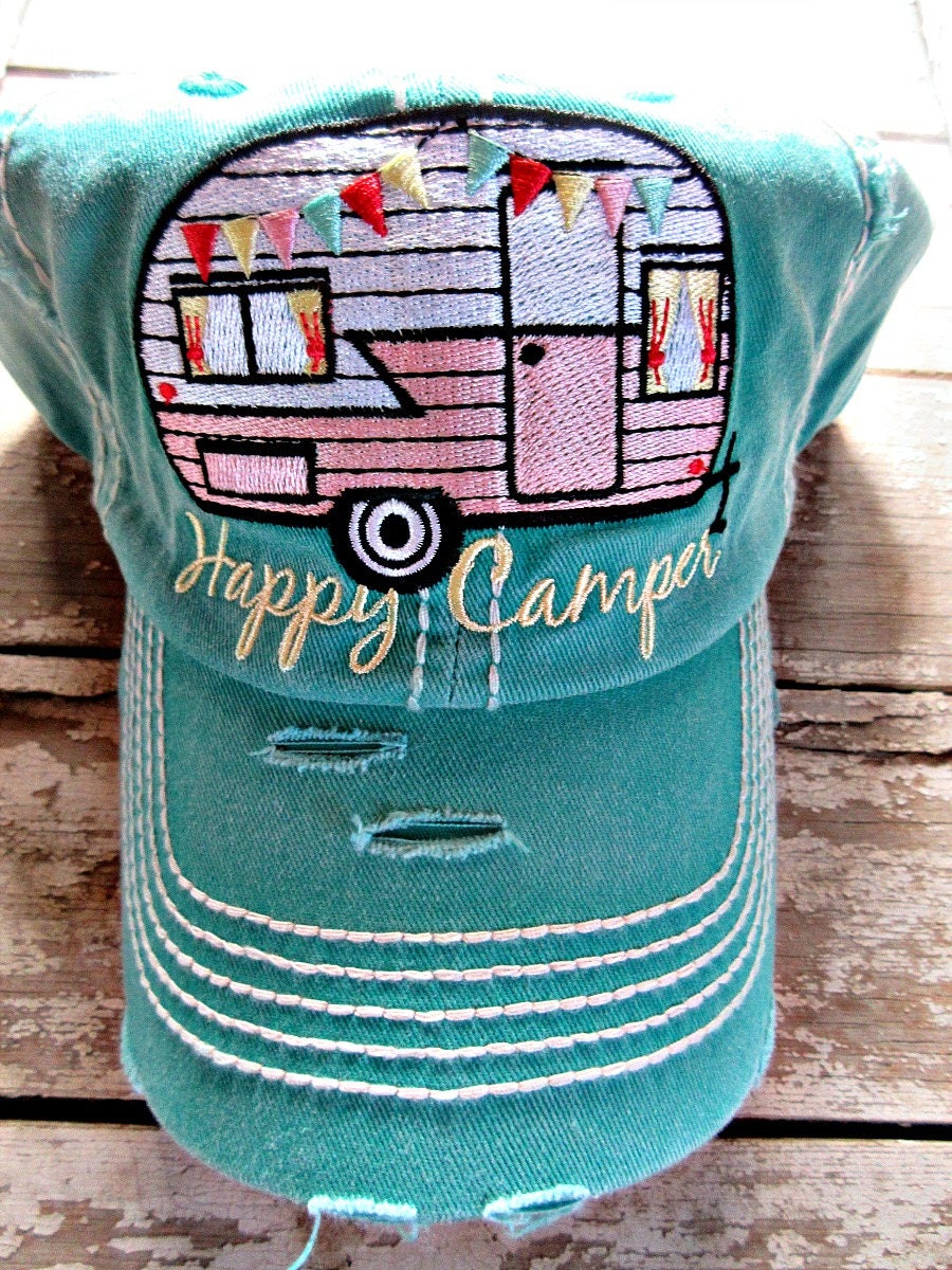 Happy Camper hat embroidered travel trailer, Camping, Outdoors, Vintage