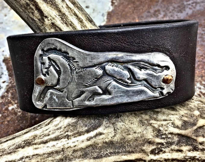 Fox trotter style sterling pacer horse riveted in copper on dark chocolate leather, horse, horse jewelry, horse crazy, equestrian, cowgirl