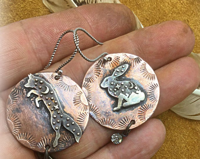 Made to Order Fox and rabbit earrings on oxidized copper by Weathered Soul jewelry,wildlife lover…watch out little bunny rhinestone drop