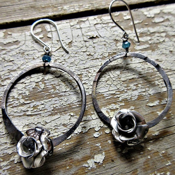 Dainty prairie rose earrings by Weathered Soul Jewelry, cowgirl, whimsical, fun, hammered hoops with a touch of blue topaz artisan hoops USA