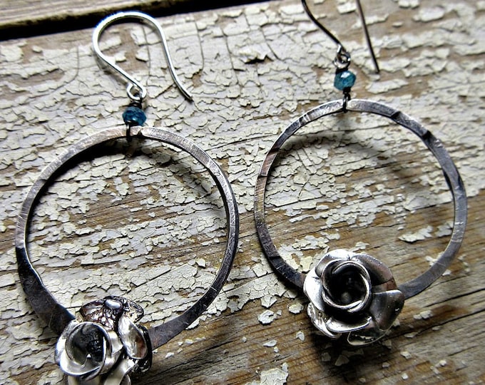 Dainty prairie rose earrings by Weathered Soul Jewelry, cowgirl, whimsical, fun, hammered hoops with a touch of blue topaz artisan hoops USA