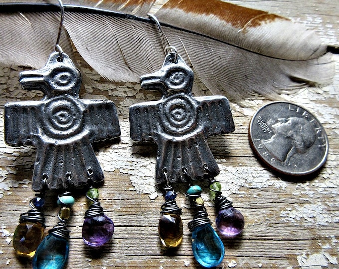 Jeweled Thunderbird earrings by Weathered Soul Jewelry, artisan made, bird lover, southwest, Native American, topaz, citrine, amethyst, USA