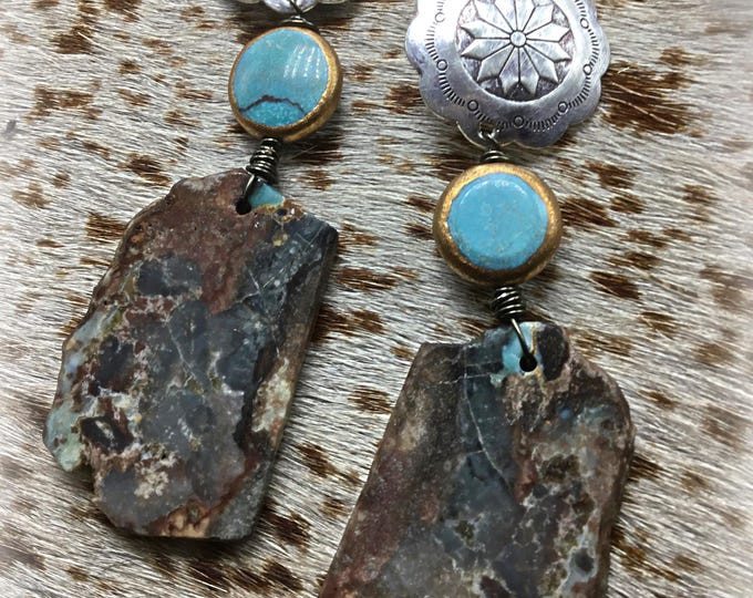 Baby blues earrings by Weathered Soul with beautiful turquoise agate slabs and sterling conchos,urban cowgirl at its finest,stunning slabs