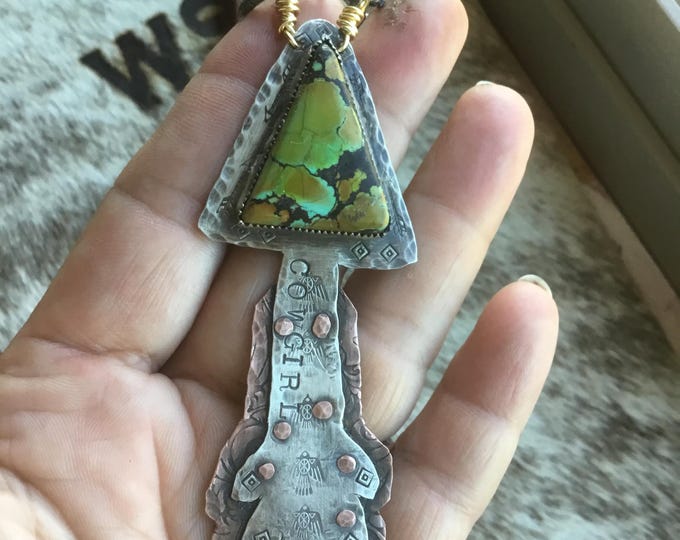 Rustic large cowgirl arrow necklace by Weathered Soul with Hubei turquoise on mixed metals riveted layered metal with sterling and copper
