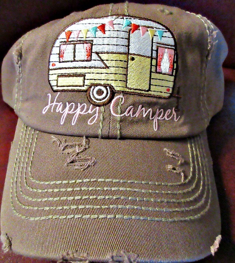 Happy Camper hat embroidered travel trailer, Camping, Outdoors, Vintage trailer, Distressed