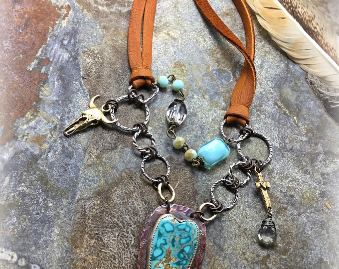 Made to Order all turquoise hearts vary in this love for you necklace by Weathered Soul, adjustable neckline slide with bronze steer,cross