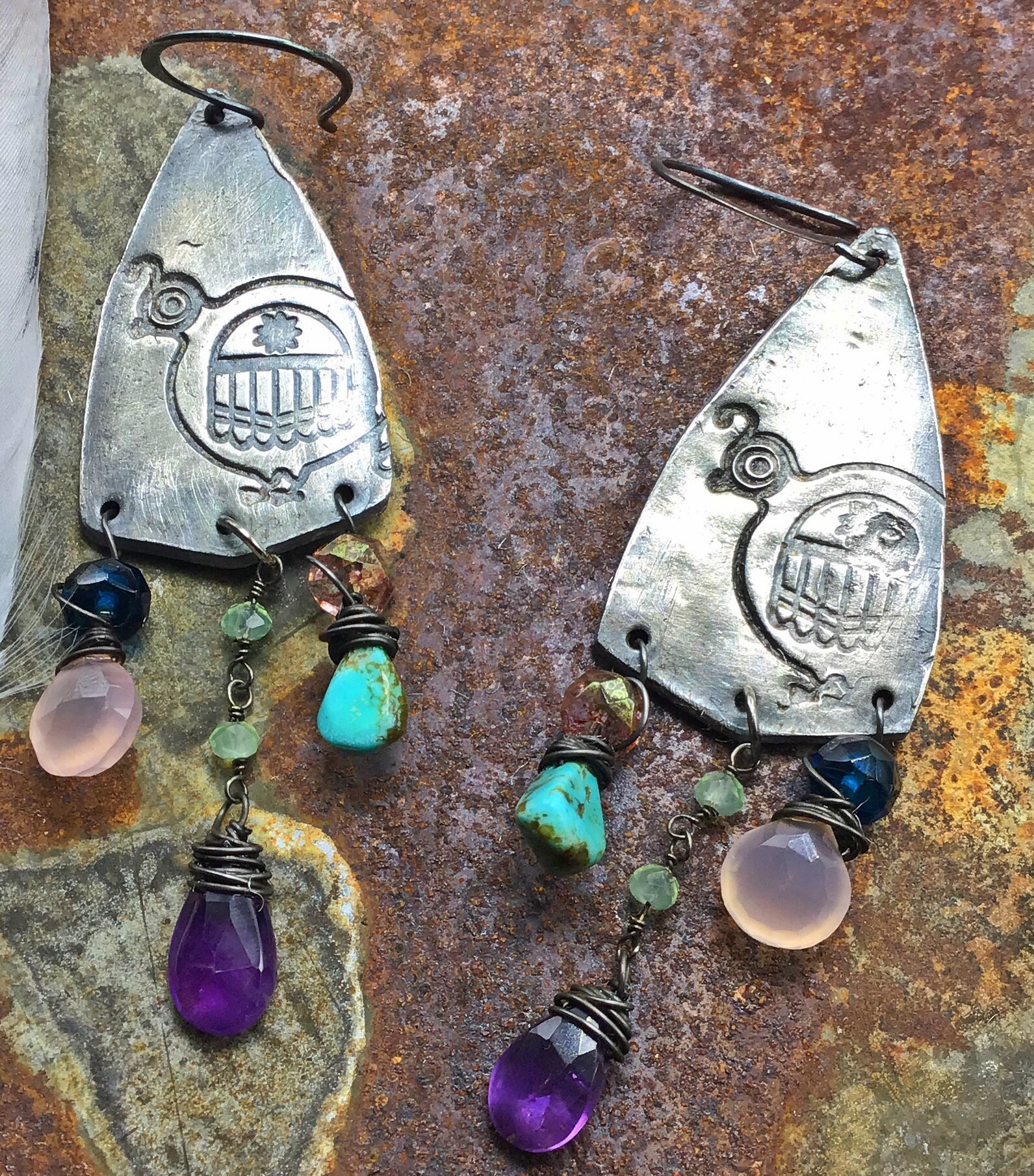 Bohemian chic quail earrings by Weathered Soul, PMC silver embossed