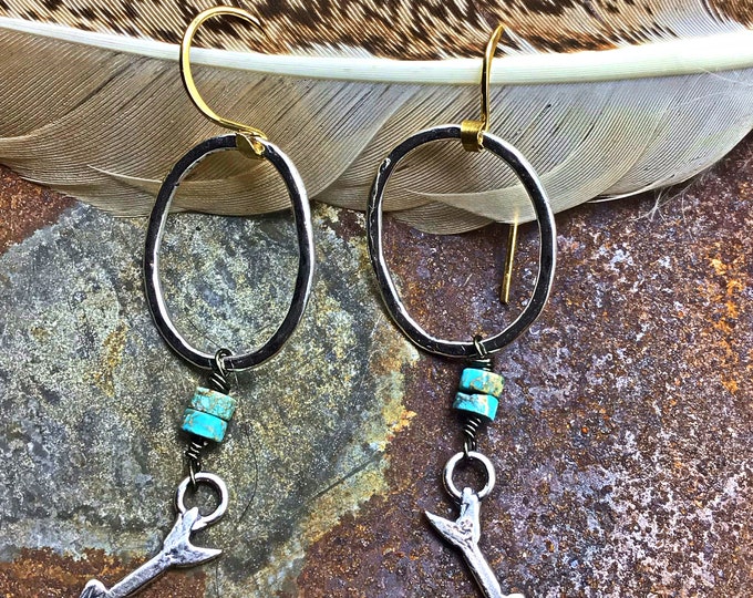 Sweet sterling rustic oval hoops with turquoise and a little rustic arrow dangling down, bronze ear wires