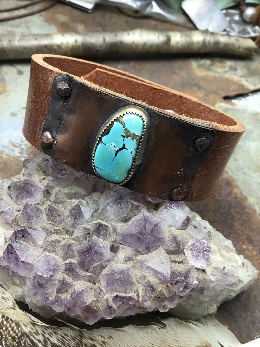 Leather Narrow Cuff With Blue Turquoise Chunks main image 0