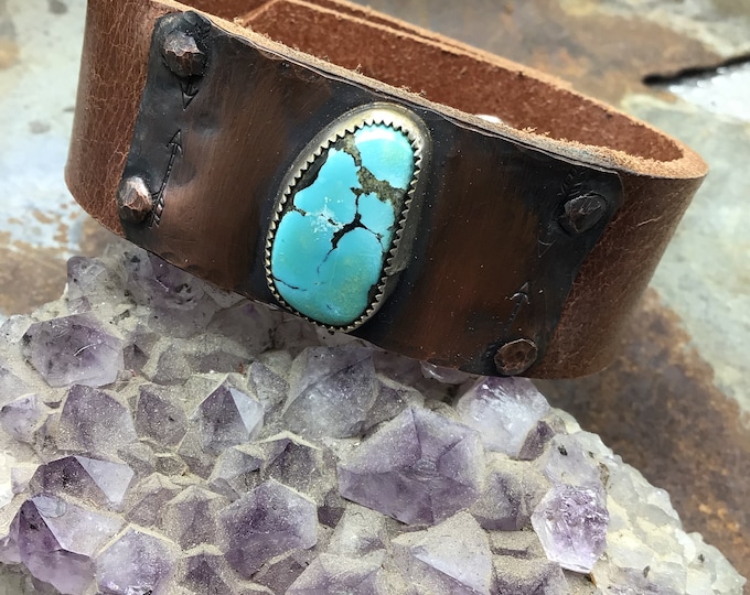 Narrow distressed leather cuff bracelet with robins egg blue turquoise and snap closure, cowgirl style bohowestern,western fashion