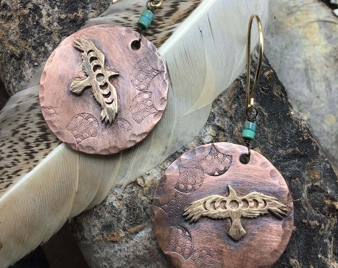 Raven in flight bronze and copper earrings with a dab of turquoise, bird lover, nature lover