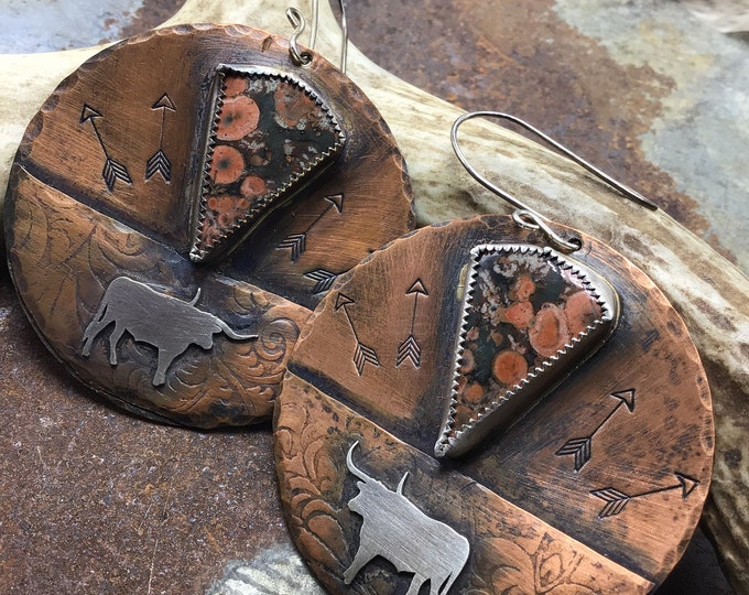 Very large longhorn copper and sterling poppy jasper earrings, featured in Cowboys and Indians magazine, statement earrings