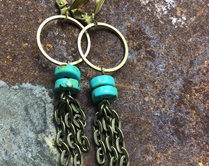 Dainty bronze hoops with French clips, turquoise,  vintage inspired bronze chain earrings by Weathered Soul jewelry,cowgirl,fringe,artisan