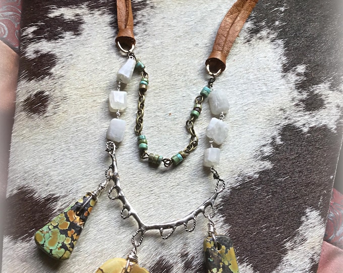 Threes company with this stunning turquoise raw stone drop necklace with moonstone and leather by Weathered Soul artisan jewelry, statement