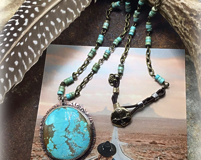 Stunning large robins egg blue Nevada American mined turquoise necklace with rosary style chain and leather closure over arrow button