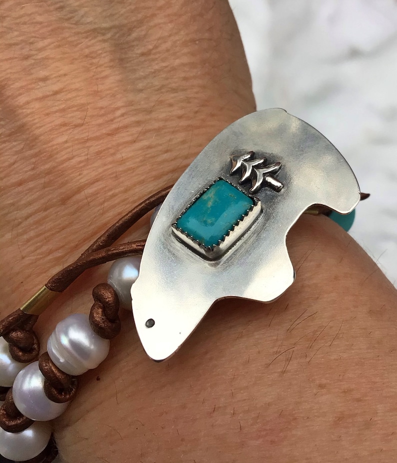 Native art inspired USA cowgirl chic button closure,artisan made pearls Zuni bear turquoise wrap bracelet or choker necklace,leather