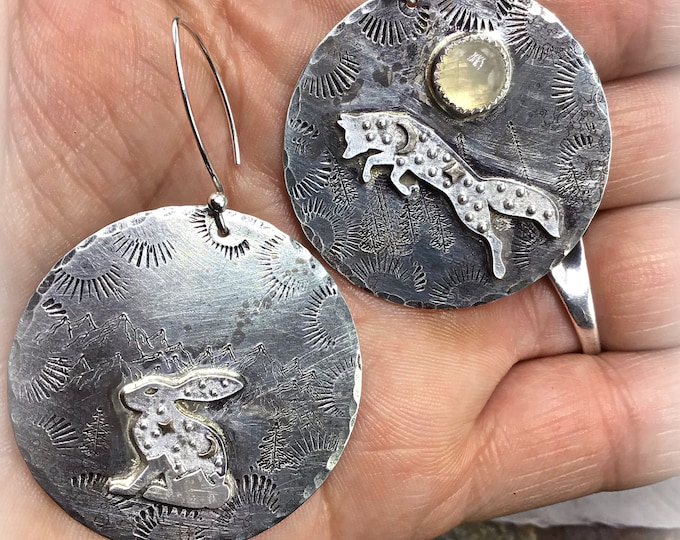 The fox and the hare nickel silver and sterling medium diameter discs with mountains and woods, moonstone moon