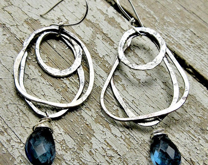 Hoops and hoops earrings by Weathered Soul, denim quartz and hammered rustic sterling abstract shapes dangle by handmade ear wires, USA art
