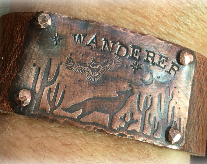 Wild Wanderer cuff bracelet by Weathered Soul jewelry,distressed thick leather with the coyote howler in the cacti,stars and moon