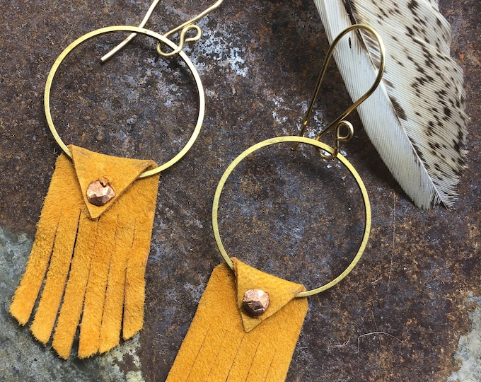 Leather bronze and copper go together just perfectly on these hoop earrings by Weathered Soul,urban cowgirl vibe, riveted flap over,USA