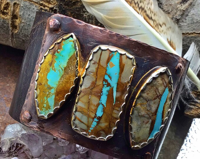 Three is definitely not a crowd on this amazing ribbon Royston turquoise dynamic one of a kind distressed leather cuff bracelet,USA