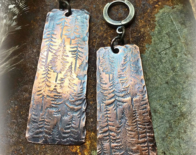 Forest grove rustic oxidized copper earrings by Weathered Soul with oxidized sterling hugging hoop closures urban chic