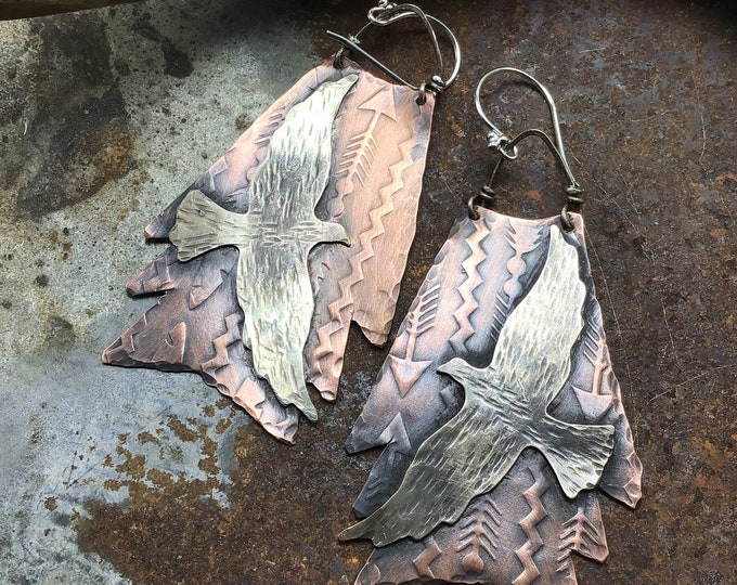 Made to order very large Raven flying on oxidized arrow embossed copper with sterling ear wires