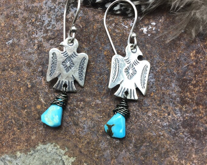 Dainty sweet little thunderbird long ear wire drop sterling earrings by Weathered Soul, western fashion, cowgirl chic, turquoise, artisan