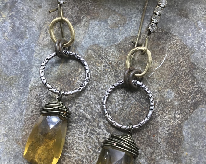 Amber quartz rustic hoops with a bit of bling rhinestone and bronze ear wires by Weathered Soul artisan jewelry, urban rustic,cowgirl style