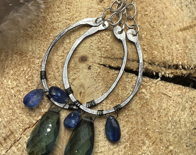 Feeling blue large horseshoe hoops by Weathered soul. Kyanite and topaz makes these dazzlers just sparkle,cowgirl in denim,artisan jewelry