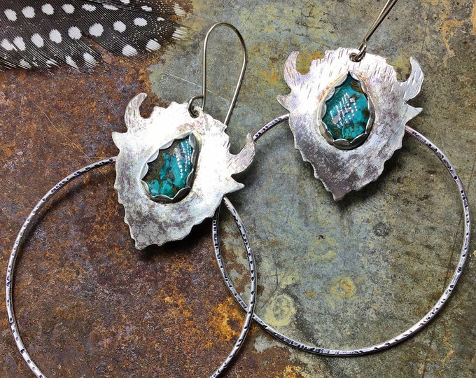 Huge buffalo hoops with a sweet dash of turquoise, bison jewelry, sterling hammered hoops with texture and buffalo bold on top