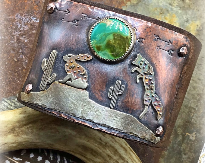 Fox and the rabbit leather wide cuff with Royston turquoise and distressed leather, artworks for your wrist