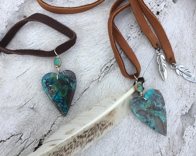 You choose your sweet Chrysocolla agate heart pendant on leather necklace from Weathered Soul, your choice of one of the two featured