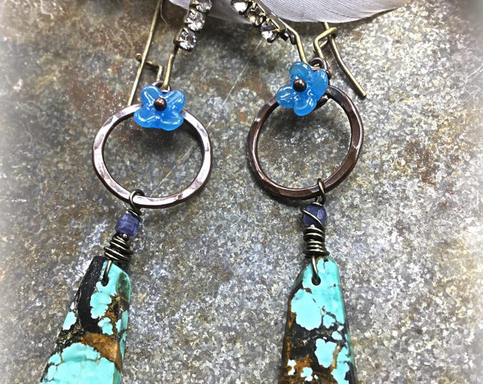 Spring is in the air long Beautiful Hubei bright colored slabs of raw turquoise with copper hoops,  by Weathered Soul artisan jewelry