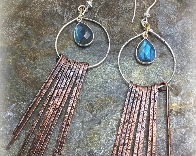 Sterling and copper hoops with flashy labradorite center stone with sterling ear wires by Weathered Soul,  long fringed look,rustic style
