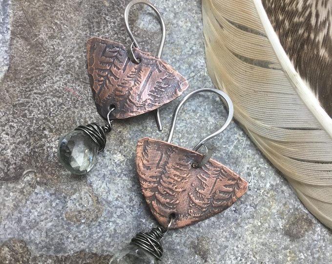 Forest grove sweet triangular earrings with oxidized copper embossed trees and topaz with sterling ear wires by Weathered Soul jewelry