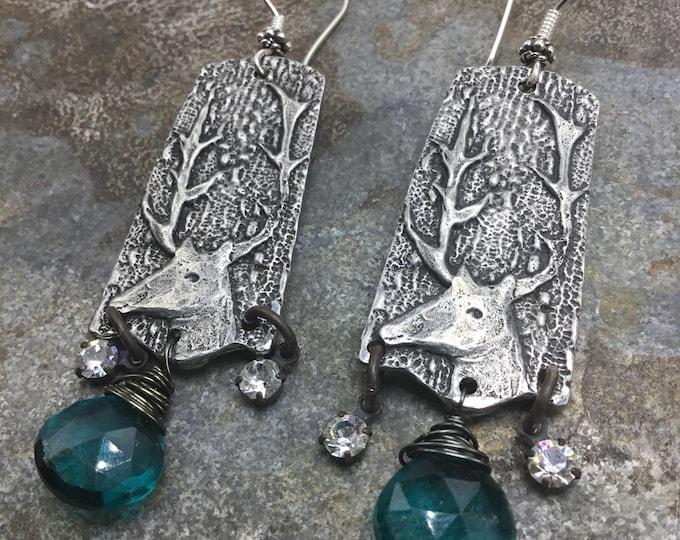 Essence of Winter earrings by Weathered Soul danglers of topaz and quartz,,bohemian chic, deer, antlers